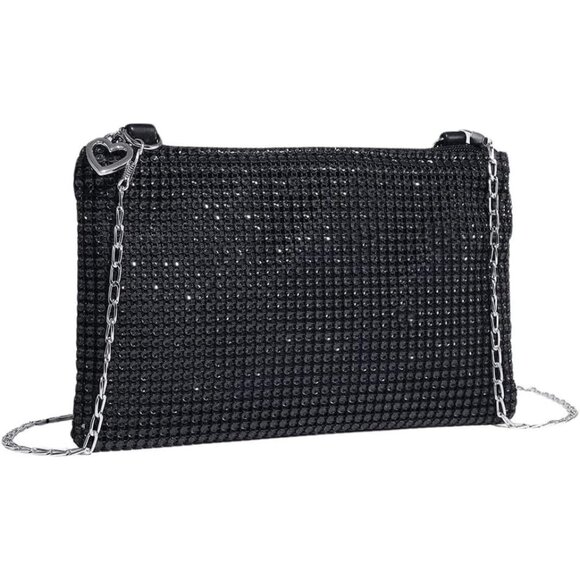 ⚡ Women's Mini Black Shiny Glitter Rhinestone Square Sparkle Evening Clutch Bag - Picture 6 of 7